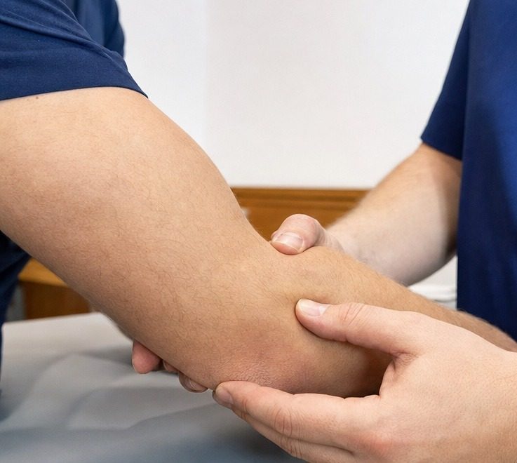 Lekarz bada łokieć pacjenta, palpacja przyczepów mięśni po stronie zewnętrznej